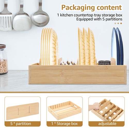 Lid Organizer Rack Bamboo Plate Organizer Divided Storage Box Removable AmGlv - Picture 2 of 11