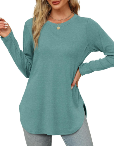 Womens Long Sleeve round Neck Shirts Side Split Basic Loose Tunic Tops Casual 20