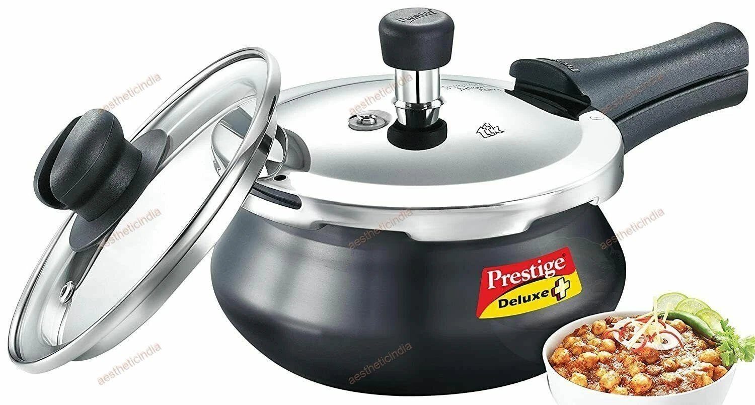 Prestige Deluxe Duo Plus Induction Base Aluminium Print Cooker, 1.5Litres Black