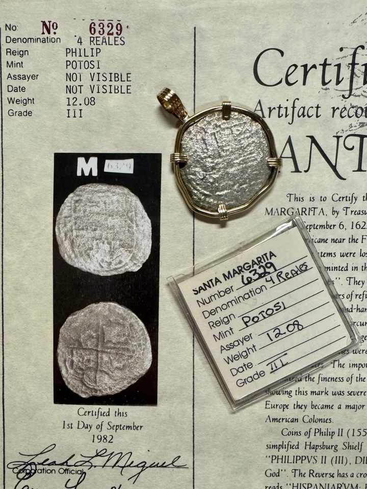 Naufragio Santa Margarita 4 reales. Moneda de plata interior bisel oro 14K Gr. 3 COA Foto 4 de 4