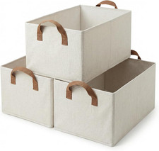 Beige Collapsible Storage Bins - 3 Pack Fabric Organizers with Handles