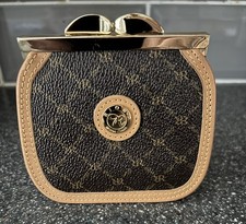 Rioni Signature Brown Monogram Coin Purse-Designer Canvas & Leather Mini Pouch