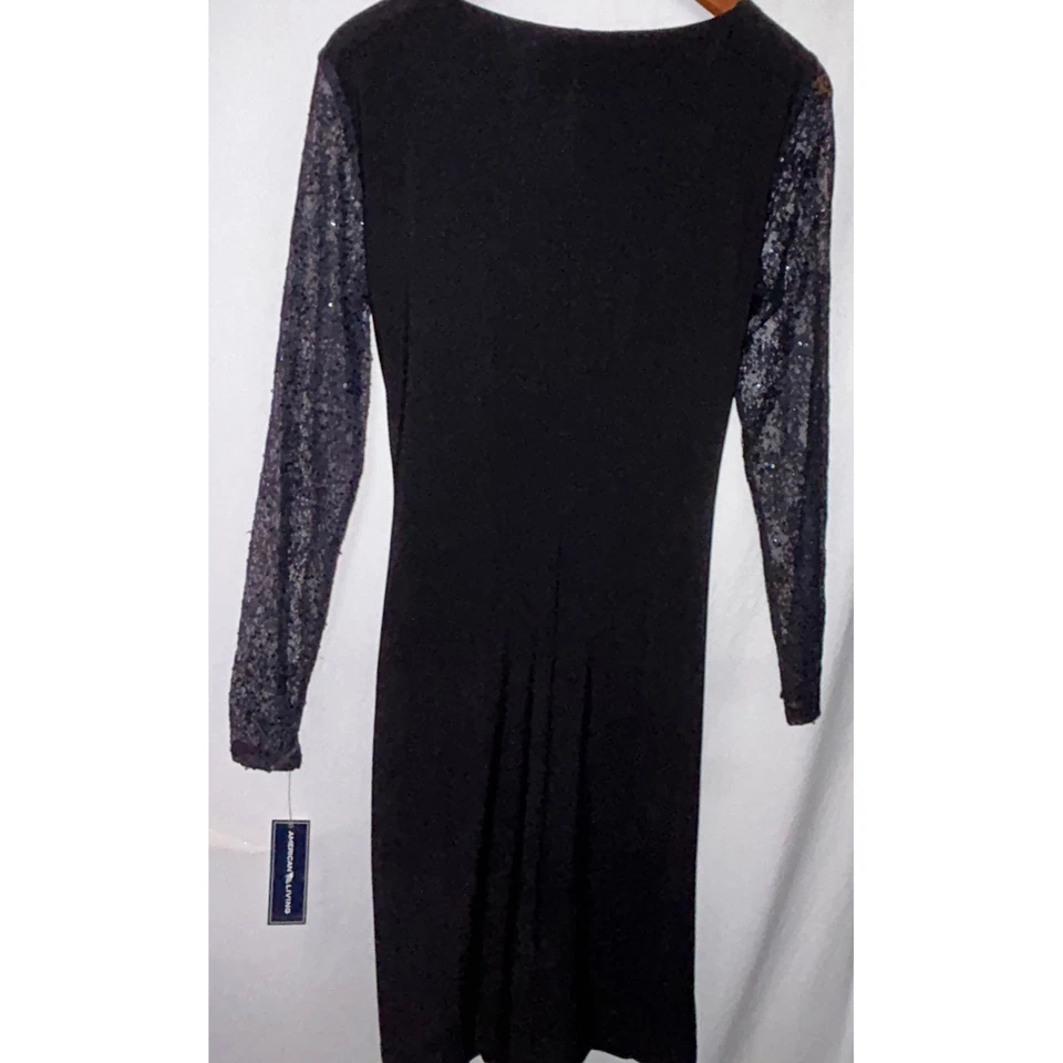 Vestido preto American Living tamanho 10 bainha strass lantejoulas manga festa coquetel - Imagem 2 de 4