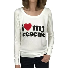 Chaser I Love My Rescue LS Pullover Sz XS Off White Fuzzy Knit Open Back Cat Dog
