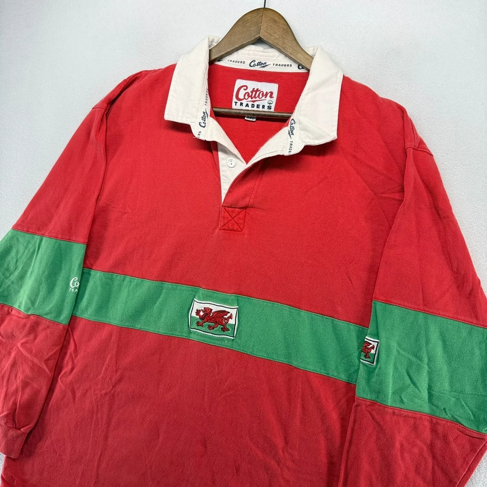 Винтажная мужская рубашка регби Уэльса 2XL красно-зеленая с вышивкой хлопок для торговцев 90-е - Изображение 2 из 4