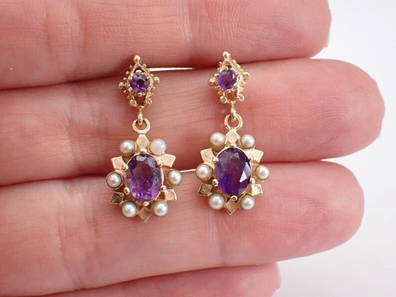 Delicate Dangle Earring 14K Yellow Gold Plated 2Ct Oval Cut Lab-Created Amethyst - Image 4 of 4