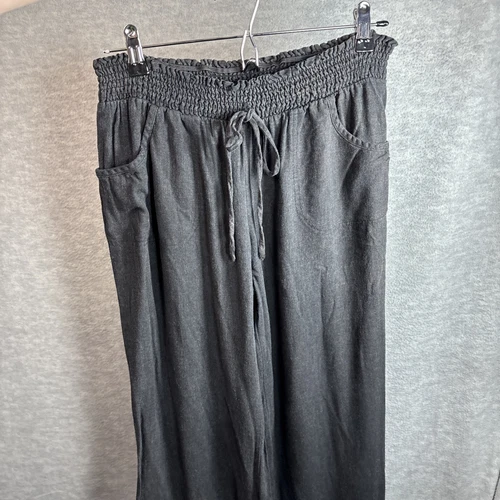Vintage Wide Leg Pants L Linen Rayon Black Smocked Waist Pockets Minimalist Soft - Picture 18 of 20