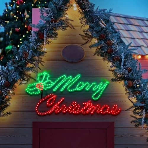 Веселый рождественский световой знак 49 x 26 дюймов 630 светодиодов большой рождественский зеленый и ягодный - Изображение 4 из 4