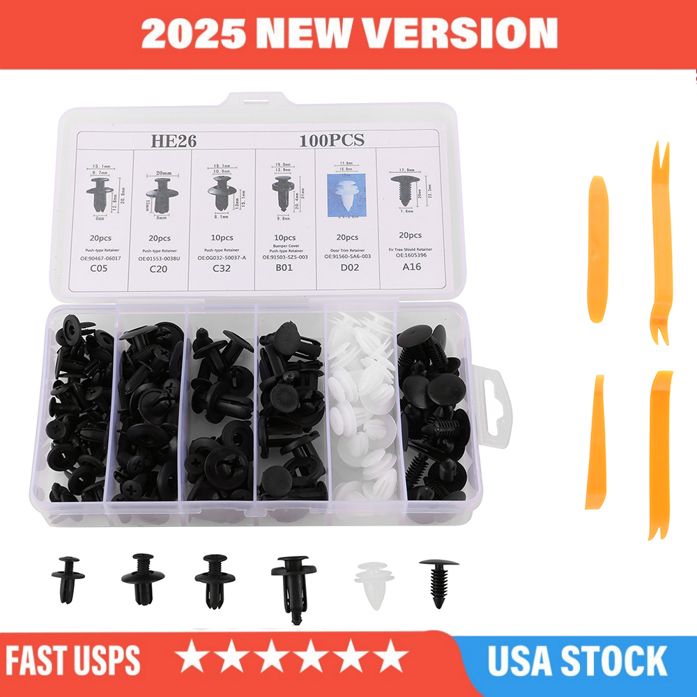 100 PCS Car Bumper Retainer Clips Nylon Fasteners Rivet Screws Replacement Kit
