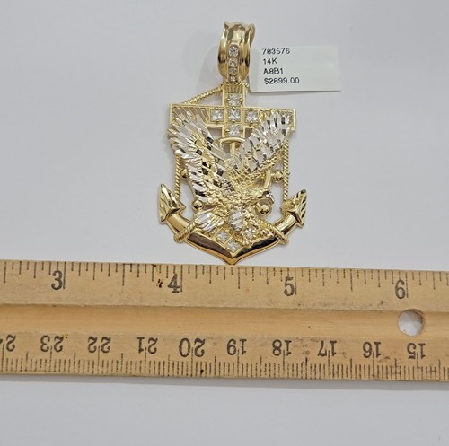 Real 14k Yellow Gold Charm Eagle Anchor Pendant With White gold and stone Men's - Picture 4 of 7