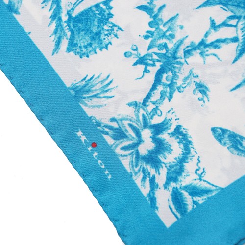 Kiton Napoli Turquoise Blue Victorian Floral Print Silk Pocket Square - Picture 2 of 4