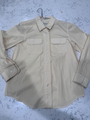 Orvis Shirt Womens S Stripe Pattern Yellow Oxford Long Sleeve Button Down Blouse