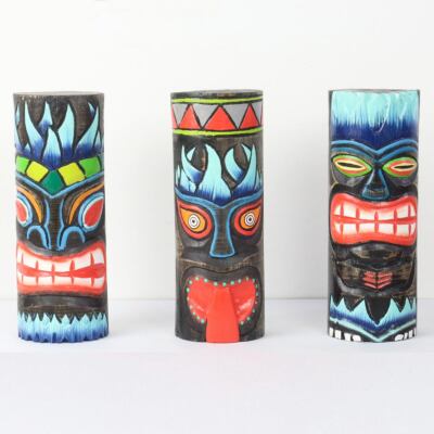 3er Set Tiki Maori Figuren Skulpturen Pfahl Deko Holz Exotisch Hawaii Deko 25 cm