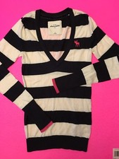 NWT ABERCROMBIE KIDS GIRLS XL SWEATER KEEGAN V NECK MOOSE LOGO STRIPED BLUE STR