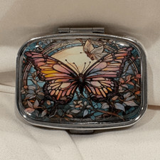 Pastel Butterfly Travel Pill Box 2 Compartment Medicine Pill Case Metal NEW