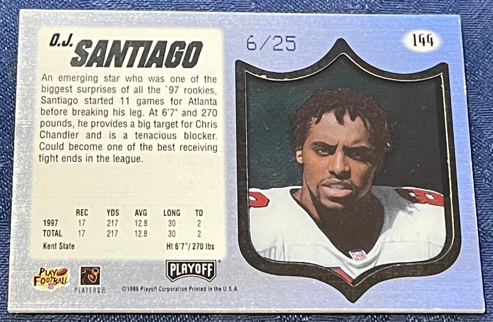 1998 Playoff Absolute SSD Gold Football O.J. Santiago 6/25 Atlanta Falcons #144 - Image 2 of 3