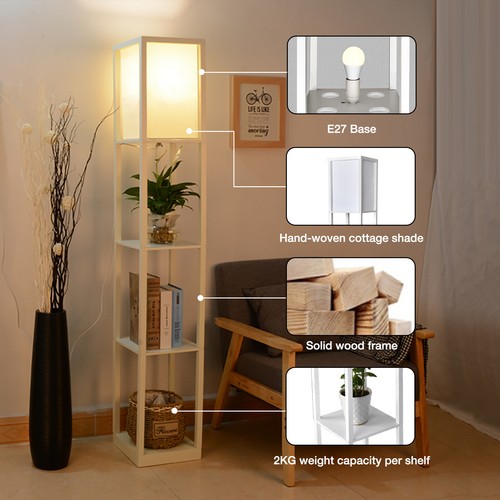 LED Floor Lamp Modern Standing 4-tier Storage Display Shelf Wooden Lounge Light - Picture 7 of 38