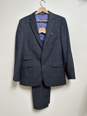 English Laundry Men s 2-Piece Dark Gray Suit 36s 29w Window Pane Checkered