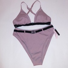 Victoria Secret Swim Bikini Large Top Bottom Ribbed Mauve Black Belted Logo