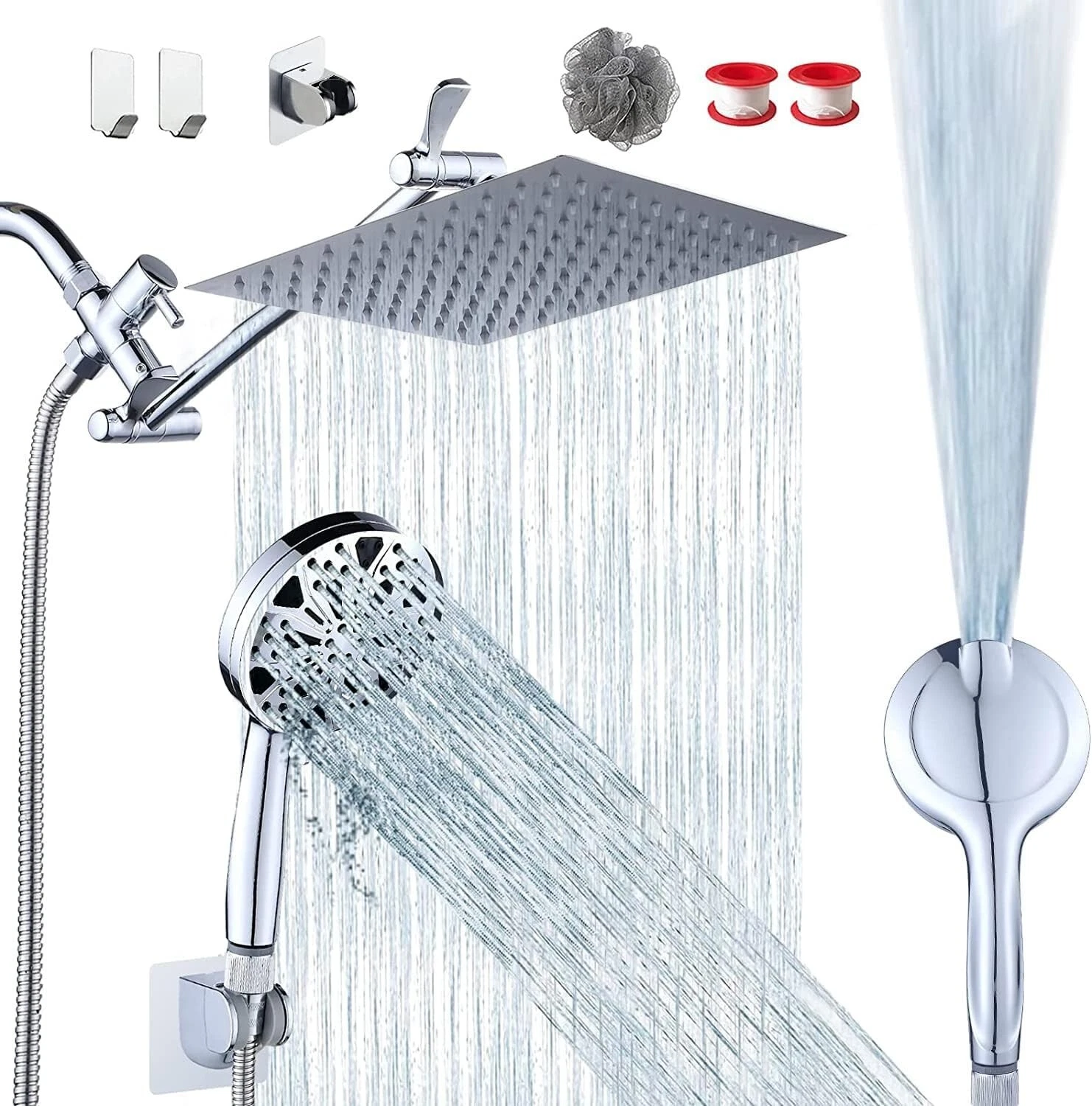 8'' Rainfall Shower Head with Handheld Combo, Chrome Finish, 8+2 Mode Power Wash