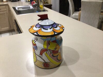 LA MUSA Italy COOKIE JAR  MACY S  Hand Painted Art Pottery CIRCUS ACROBATS