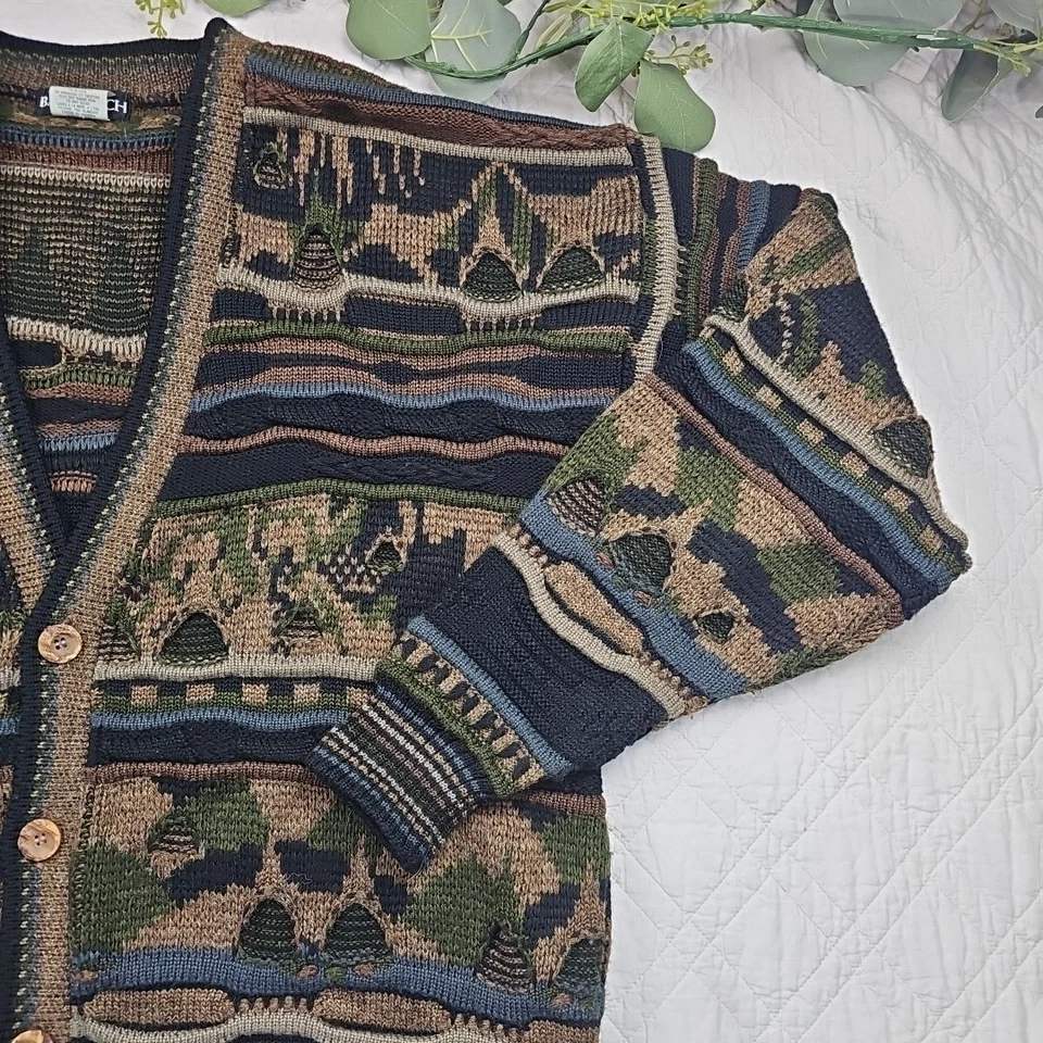 VTG Bachrach Coogi Style 3D Knit Cardigan Neutrals Browns Wool Blend Size L - Image 3 of 4