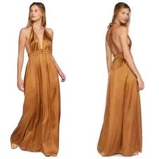 LoveShackFancy Gold Bronze Satin Braided Halter Plunge Backless Maxi Dress Small