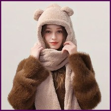 Plush teddy bear hat scarf one-piece women's winter scarf cute winter versatile