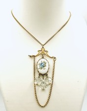 Vintage Gold Tone Victorian Blue Rose Cameo Dangle Clear Beads Necklace E2