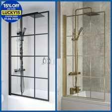Modern Grid Bath Shower Screen 6mm Glass Bathroom Hinged Framed 800/1000mm