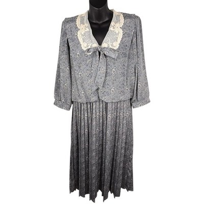 VTG 80s Paisley Cottage Core Prairie Lace Neckline Midi Dress Pleated Women s 10