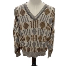 Vintage 3D Knit Multi-Pattern V-Neck Grandpa Sweater Made in USA Large