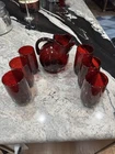 Vintage Ruby Red Glass Pitcher & 6 Tumblers – Cranberry Glass MCM Barware Set