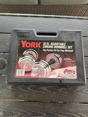 YORK 30 LB Adjustable Chrome Dumbbell Set in Carrying Case Vintage Weights Gym