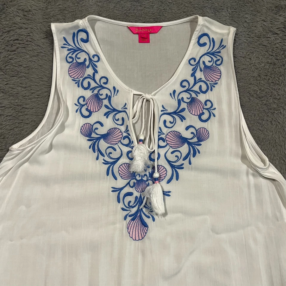 Lilly Pulitzer 迷你夏季连衣裙无袖流苏刺绣波西米亚 M 码 — 第 2/4 张图片