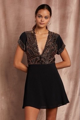 Cleobella Cleo Embellished Mini Dress Black Short Sleeve Fit & Flare Beaded M
