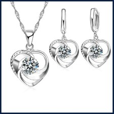 925 Silver Heart Necklace Earrings Set Women  s Romantic Jewelry Gift