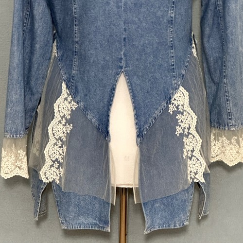 Given Kale Women Top L Blue Denim Lace Ruffle Western Cowgirl Glam Boho Festival - Picture 6 of 14