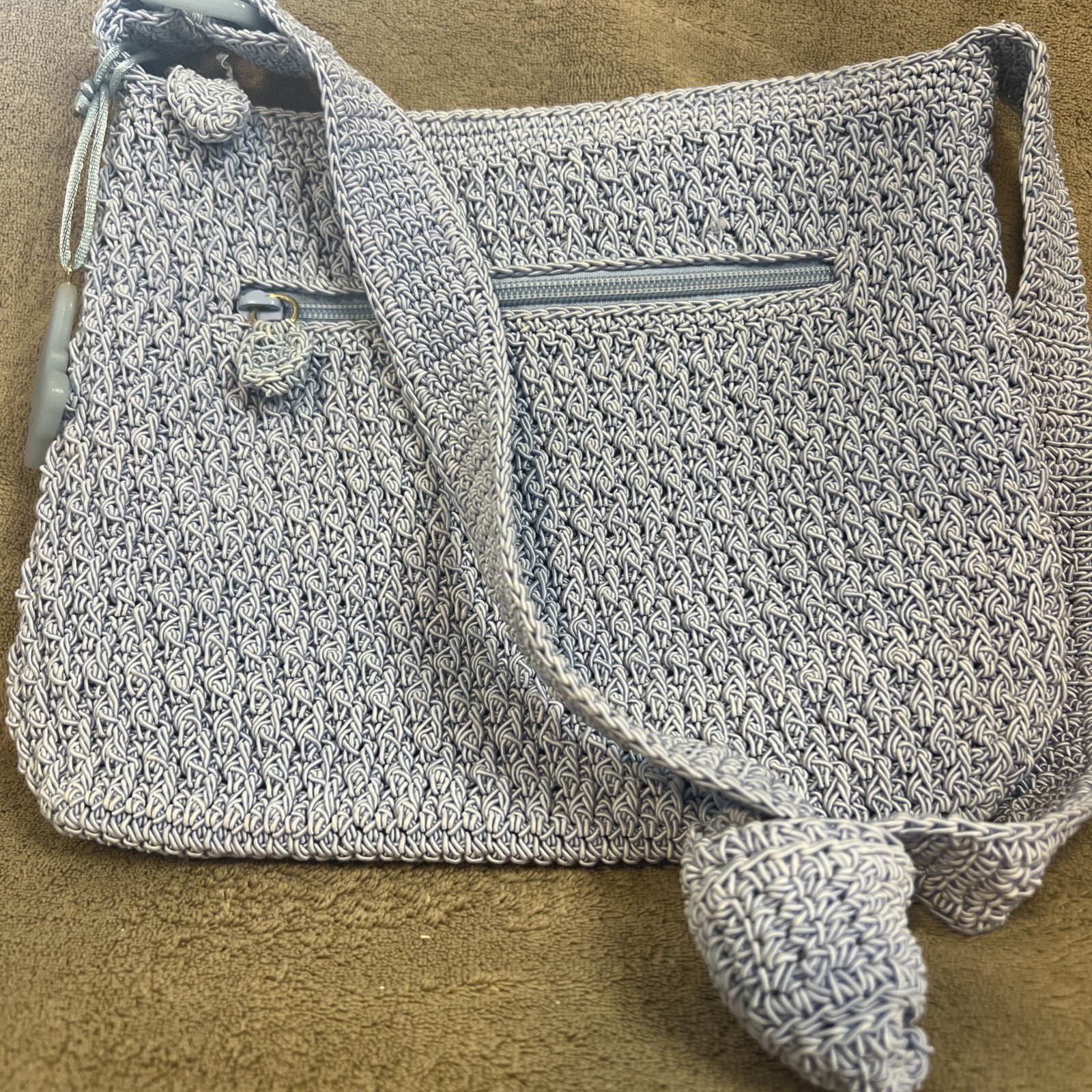 Liz Claiborne Crochet Knit Shoulder Bag Purse Blue Nylon