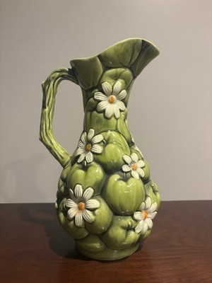Vintage Inarco Green Apple Daisy Long Neck Pitcher Vase ~ Retro Floral Art  