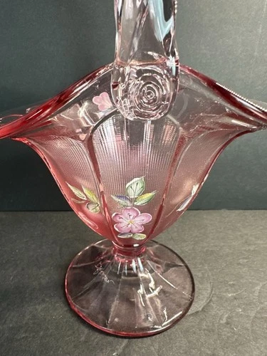 Fenton Art Glass Pink Iridized Footed Basket Hand-painted Signed D. Robinson