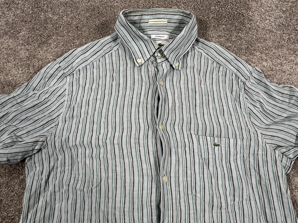 Camisa Lacoste Para Hombre 40 Rayas Verdes Calce Moderno Lino Abotonada Manga Corta Foto 2 de 4