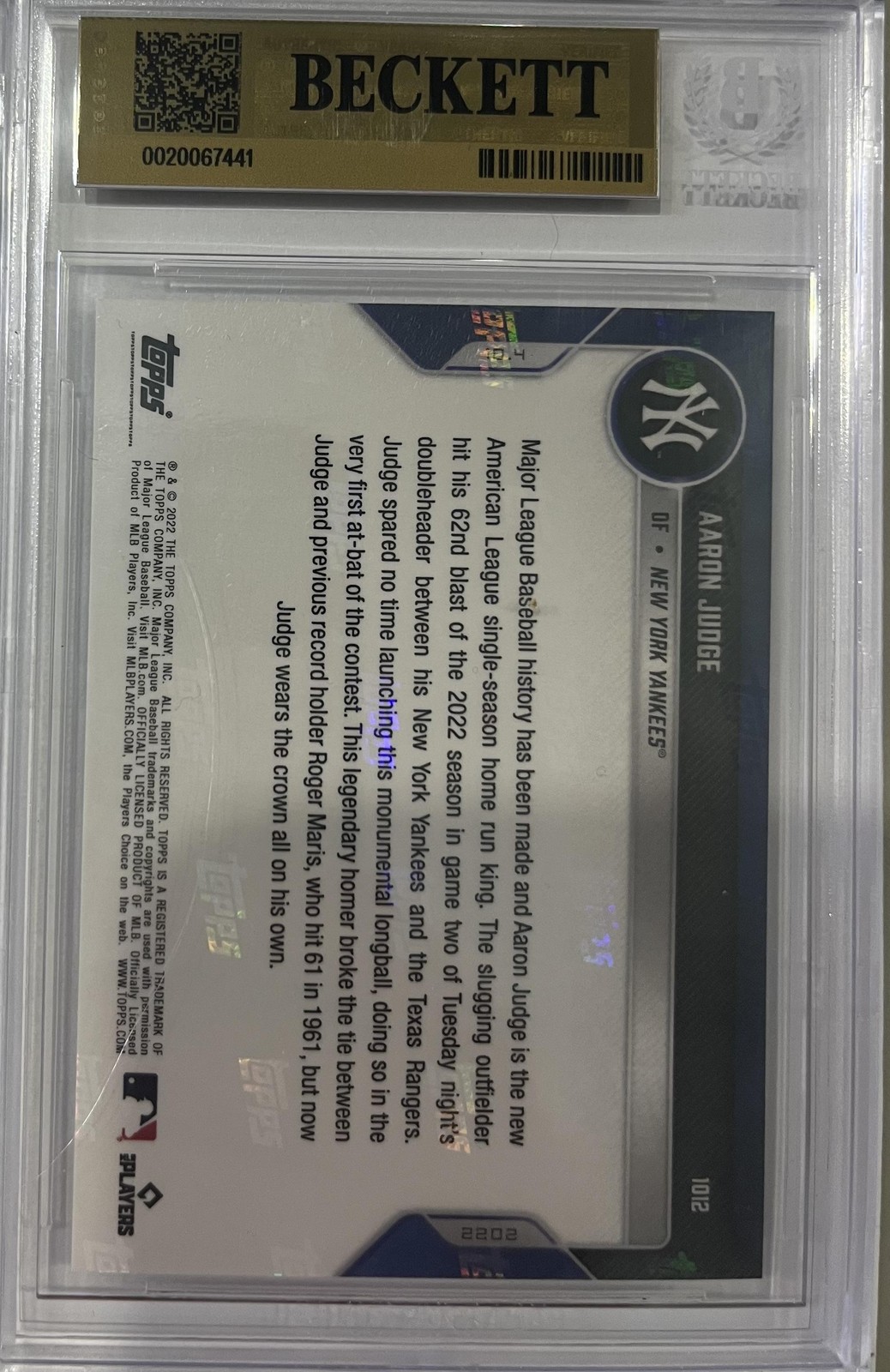 2022 Topps Now #1012 Aaron Judge  BGS 9.5 GEM MINT view 2