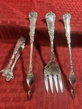 Wm ROGERS*YALE PATTERN*SM SERVING FORK, 2 BUTTER PICKS, SUGAR TONGS*1894
