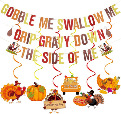 Thanksgiving Friendsgiving Banner - Gobble Me Swallow Me, Multicolor, 6''x6