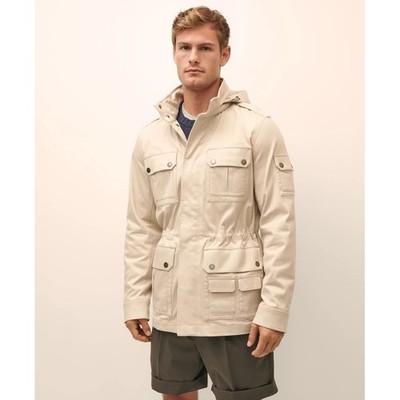 Brooks Brothers Mens Beige Cotton Blend Fishing Jacket Stowaway Hood Large