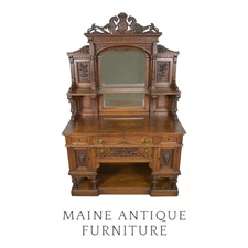 Antique Carved Oak Sideboard w/ Sea Serpents, Lions, Faces -1880s #22444