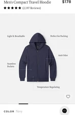 *NEW* Unbound Merino Men's Size L Compact Travel Hoodie Color Navy- MSRP $178