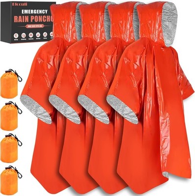 4 Pack Rain Poncho with Mylar Blanket Liner, Thermal Poncho Survival Blankets...