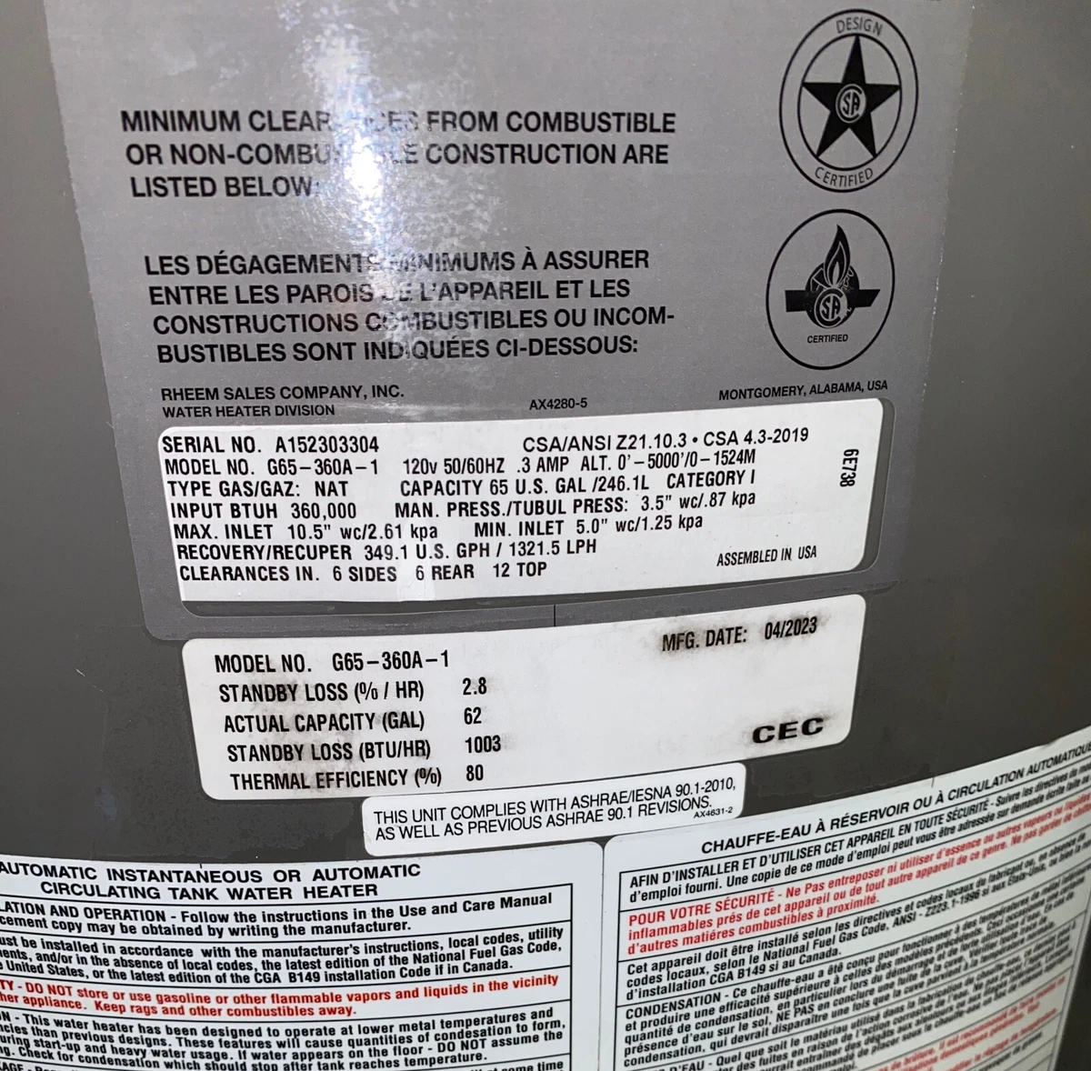 New G65-360A-1 Rheem 360K BTU 65 Gallon Natural Gas Commercial Water Heater  ASME | eBay
